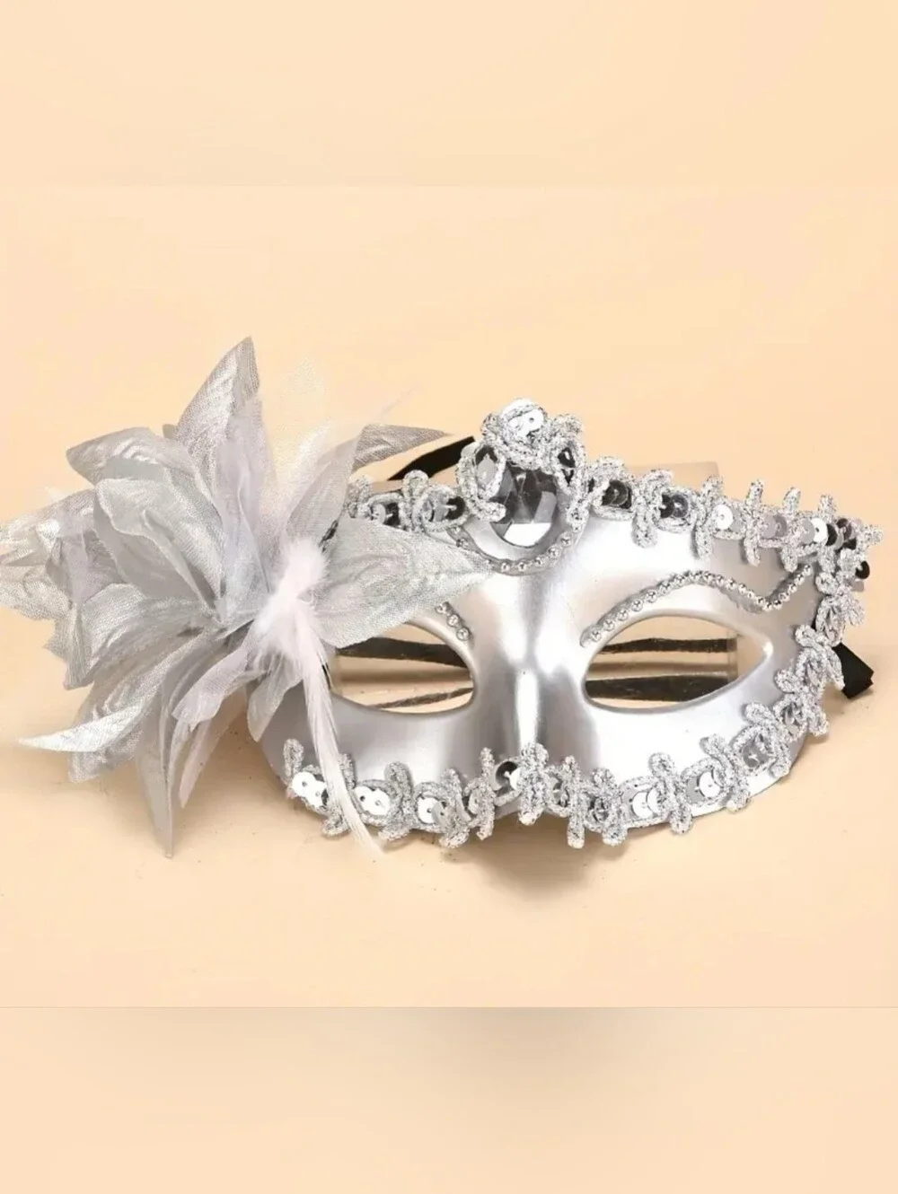 Silver Sequin Masquerade Mask with Fabric Flower